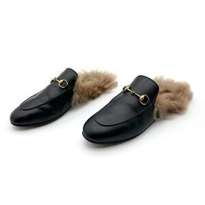 GUCCI Princetown Fur Apron Toe Mule Black Size 38.5 US 8 Horsebit Slip On Loafer